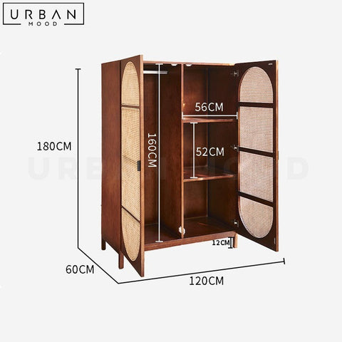 Vintage Rattan Wardrobe Pine Wood Storage Unit - URBANMOOD