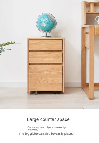 Oak Solid Wood Natural Finish Multi Functional Bedside Table with Drawer & Wheels for Bedroom or Study