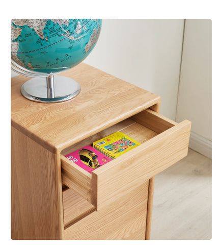 Oak Solid Wood Natural Finish Multi Functional Bedside Table with Drawer & Wheels for Bedroom or Study