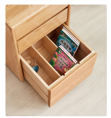 Oak Solid Wood Natural Finish Multi Functional Bedside Table with Drawer & Wheels for Bedroom or Study