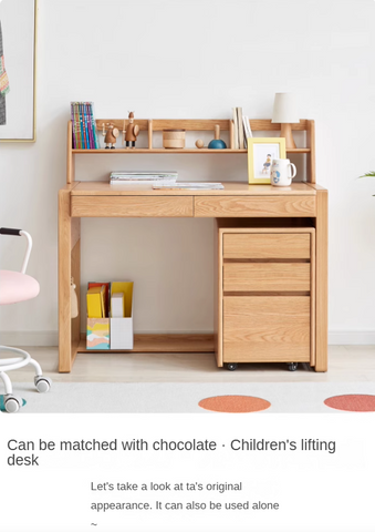 Oak Solid Wood Natural Finish Multi Functional Bedside Table with Drawer & Wheels for Bedroom or Study