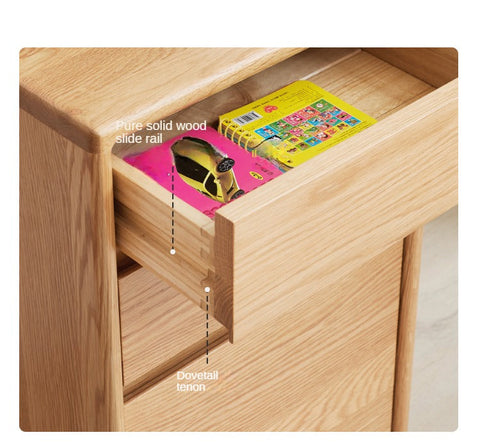 Oak Solid Wood Natural Finish Multi Functional Bedside Table with Drawer & Wheels for Bedroom or Study