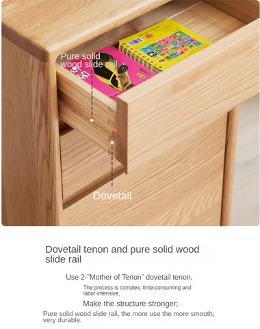 Oak Solid Wood Natural Finish Multi Functional Bedside Table with Drawer & Wheels for Bedroom or Study