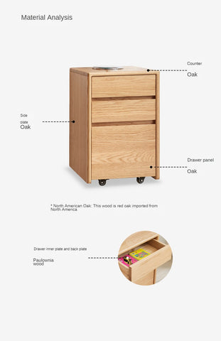 Oak Solid Wood Natural Finish Multi Functional Bedside Table with Drawer & Wheels for Bedroom or Study