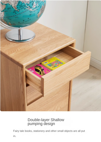 Oak Solid Wood Natural Finish Multi Functional Bedside Table with Drawer & Wheels for Bedroom or Study