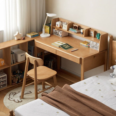 Beech & Oak Solid Wood Childrens Desk Natural Adjustable Study Table with Drawers Eco Friendly Design