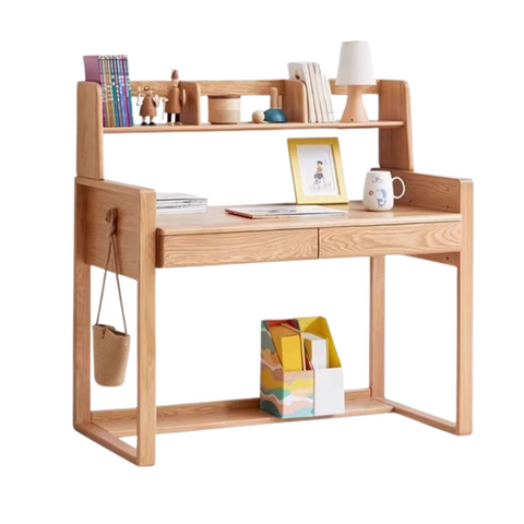 Beech & Oak Solid Wood Childrens Desk Natural Adjustable Study Table with Drawers Eco Friendly Design