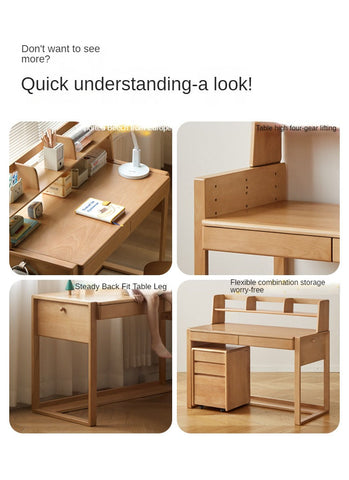 Beech Solid Wood Adjustable Children’s Study Desk Natural Finish with Shelves & Storage
