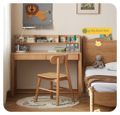 Beech Solid Wood Adjustable Children’s Study Desk Natural Finish with Shelves & Storage