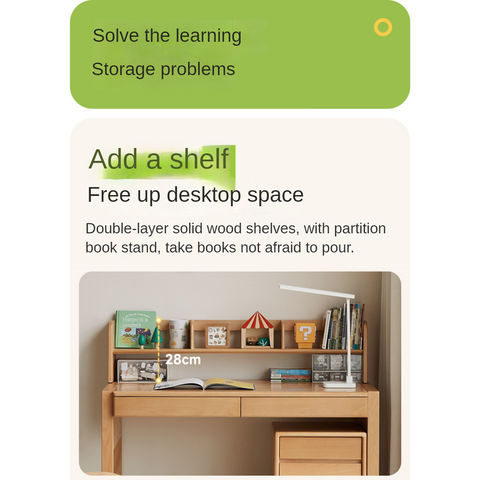 Beech & Oak Solid Wood Childrens Desk Natural Adjustable Study Table with Drawers Eco Friendly Design