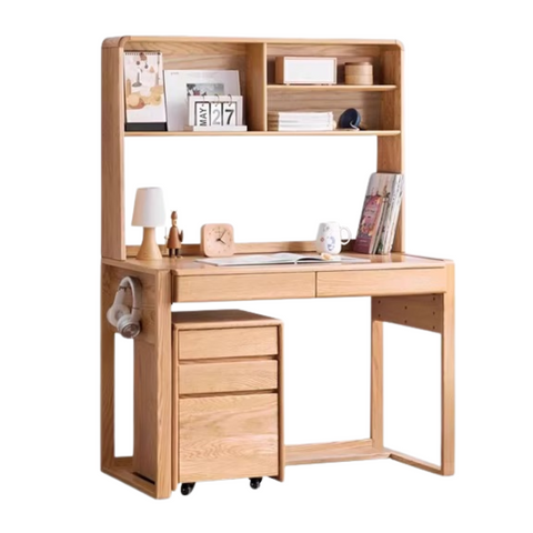Beech Solid Wood Adjustable Children’s Study Desk Natural Finish with Shelves & Storage