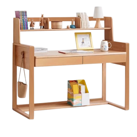 Beech Solid Wood Adjustable Children’s Study Desk Natural Finish with Shelves & Storage