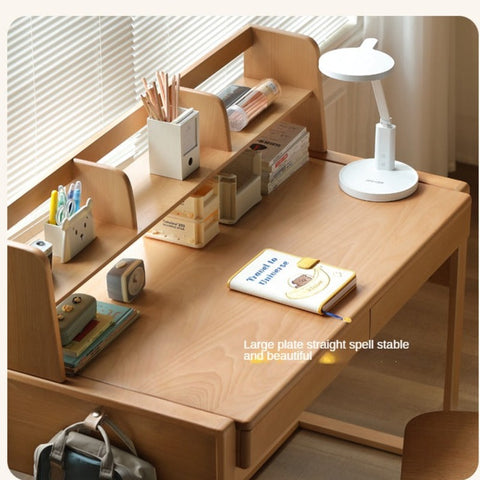 Beech Solid Wood Adjustable Children’s Study Desk Natural Finish with Shelves & Storage
