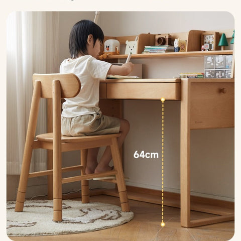 Beech Solid Wood Adjustable Children’s Study Desk Natural Finish with Shelves & Storage