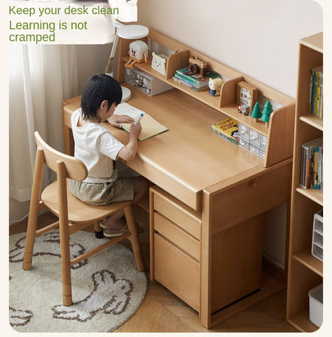 Beech Solid Wood Adjustable Children’s Study Desk Natural Finish with Shelves & Storage
