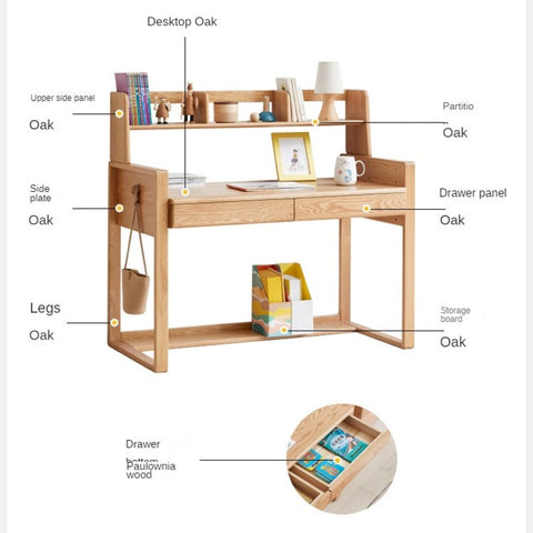 Beech & Oak Solid Wood Childrens Desk Natural Adjustable Study Table with Drawers Eco Friendly Design