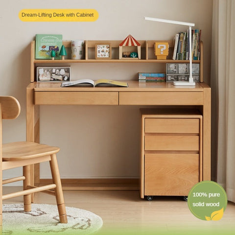 Beech & Oak Solid Wood Childrens Desk Natural Adjustable Study Table with Drawers Eco Friendly Design