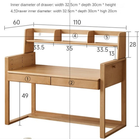 Beech & Oak Solid Wood Childrens Desk Natural Adjustable Study Table with Drawers Eco Friendly Design