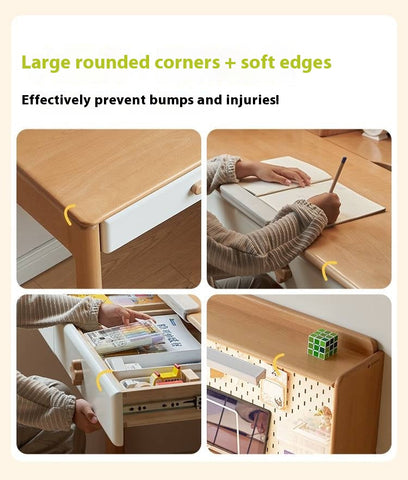Beech Solid Wood Kids Learning Desk with White Top Storage Drawers and Eye Protection Lamp