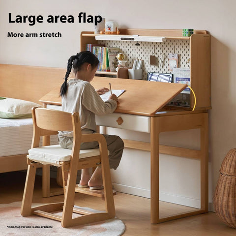 Beech Solid Wood Kids Learning Desk with White Top Storage Drawers and Eye Protection Lamp