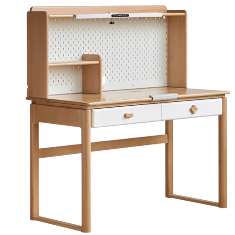 Beech Solid Wood Kids Learning Desk with White Top Storage Drawers and Eye Protection Lamp