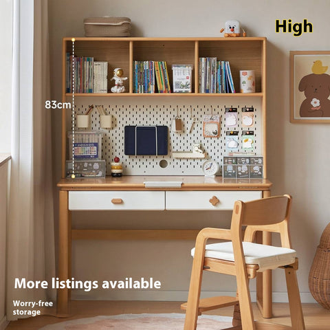 Beech Solid Wood Kids Learning Desk with White Top Storage Drawers and Eye Protection Lamp