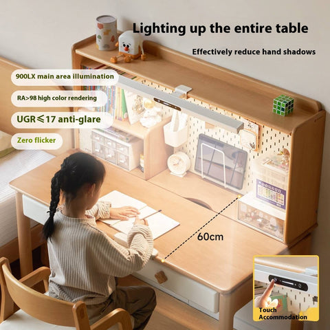 Beech Solid Wood Kids Learning Desk with White Top Storage Drawers and Eye Protection Lamp