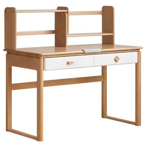 Beech Solid Wood Kids Learning Desk with White Top Storage Drawers and Eye Protection Lamp