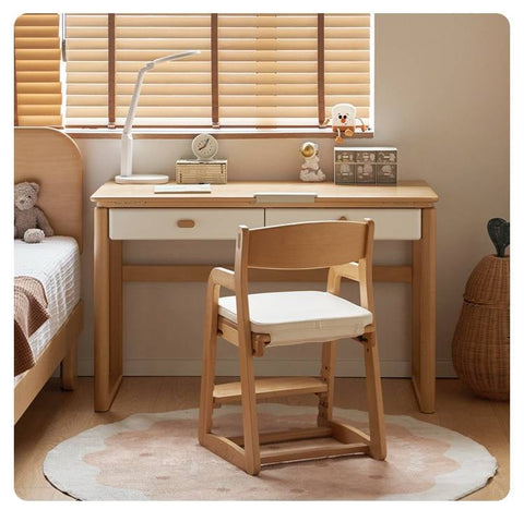 Beech Solid Wood Kids Learning Desk with White Top Storage Drawers and Eye Protection Lamp