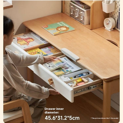 Beech Solid Wood Kids Learning Desk with White Top Storage Drawers and Eye Protection Lamp