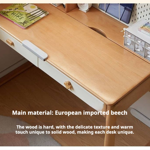 Beech Solid Wood Kids Learning Desk with White Top Storage Drawers and Eye Protection Lamp