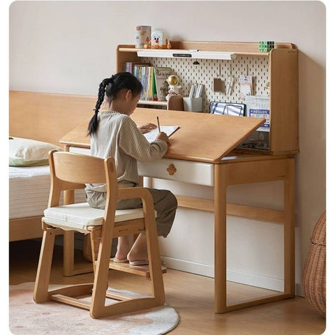 Beech Solid Wood Kids Learning Desk with White Top Storage Drawers and Eye Protection Lamp
