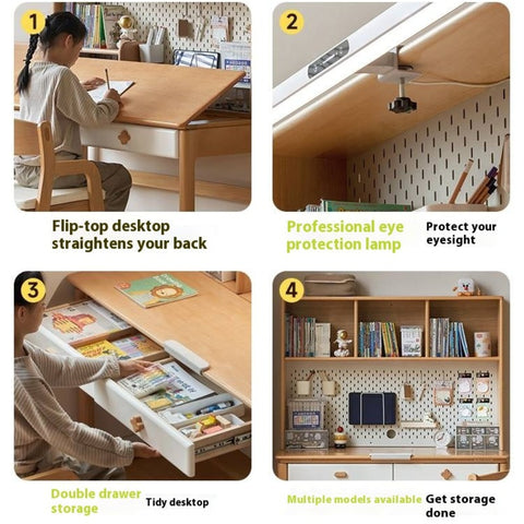 Beech Solid Wood Kids Learning Desk with White Top Storage Drawers and Eye Protection Lamp