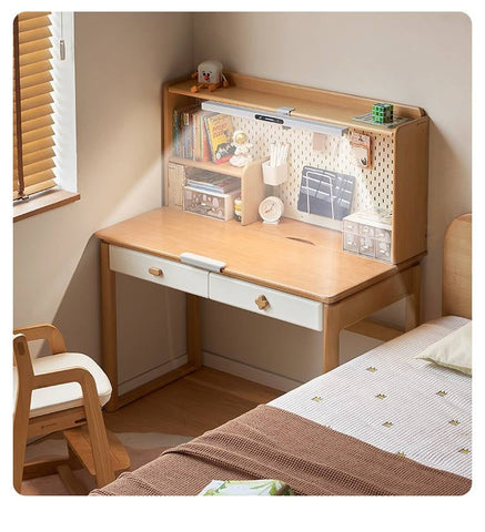 Beech Solid Wood Kids Learning Desk with White Top Storage Drawers and Eye Protection Lamp