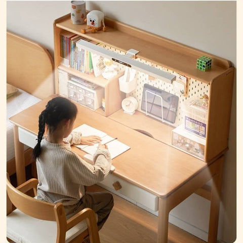 Beech Solid Wood Kids Learning Desk with White Top Storage Drawers and Eye Protection Lamp