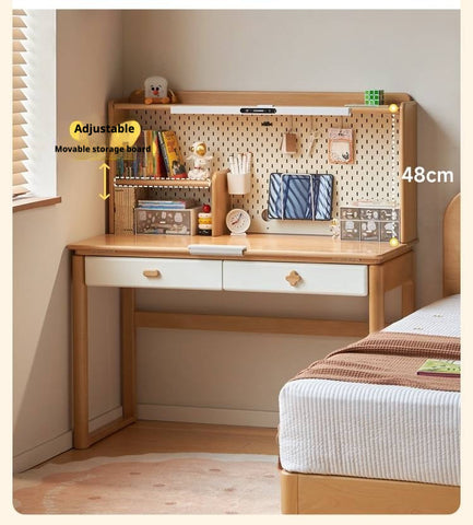 Beech Solid Wood Kids Learning Desk with White Top Storage Drawers and Eye Protection Lamp