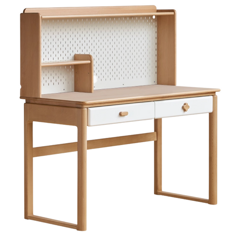 Beech Solid Wood Kids Learning Desk with White Top Storage Drawers and Eye Protection Lamp