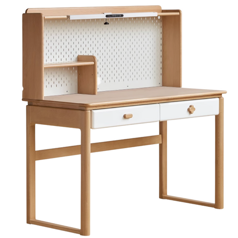 Beech Solid Wood Kids Learning Desk with White Top Storage Drawers and Eye Protection Lamp