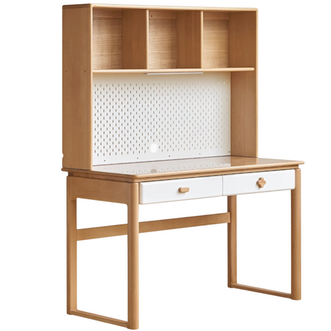 Beech Solid Wood Kids Learning Desk with White Top Storage Drawers and Eye Protection Lamp