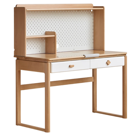 Beech Solid Wood Kids Learning Desk with White Top Storage Drawers and Eye Protection Lamp