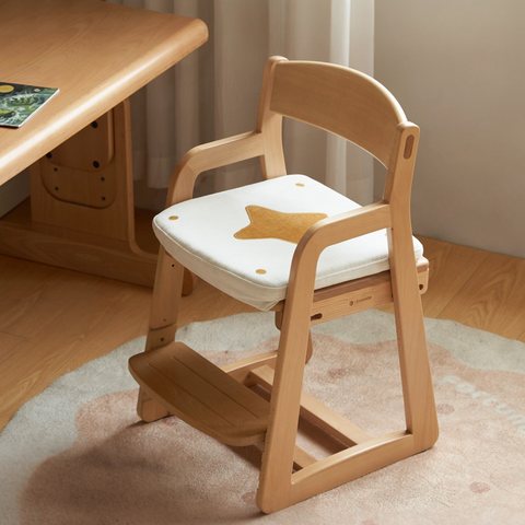 Beech Solid Wood Kids Chair Natural Finish Ergonomic Adjustable Seat Removable Washable Chenille Cushion for Playroom & Study