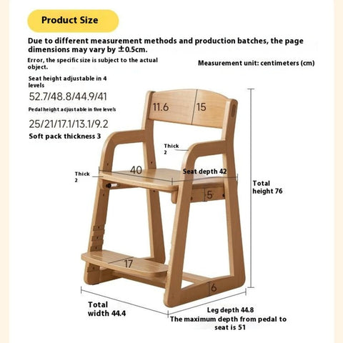 Beech Solid Wood Kids Chair Natural Finish Ergonomic Adjustable Seat Removable Washable Chenille Cushion for Playroom & Study
