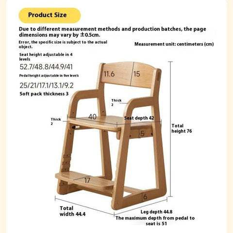 Beech Solid Wood Kids Chair Natural Finish Ergonomic Adjustable Seat Removable Washable Chenille Cushion for Playroom & Study