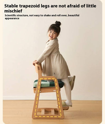 Beech Solid Wood Kids Chair Natural Finish Ergonomic Adjustable Seat Removable Washable Chenille Cushion for Playroom & Study