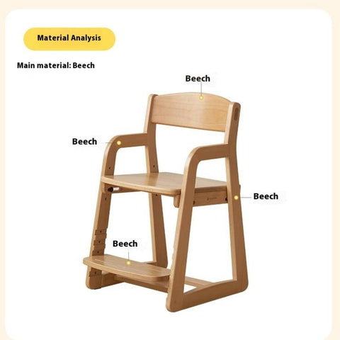 Beech Solid Wood Kids Chair Natural Finish Ergonomic Adjustable Seat Removable Washable Chenille Cushion for Playroom & Study
