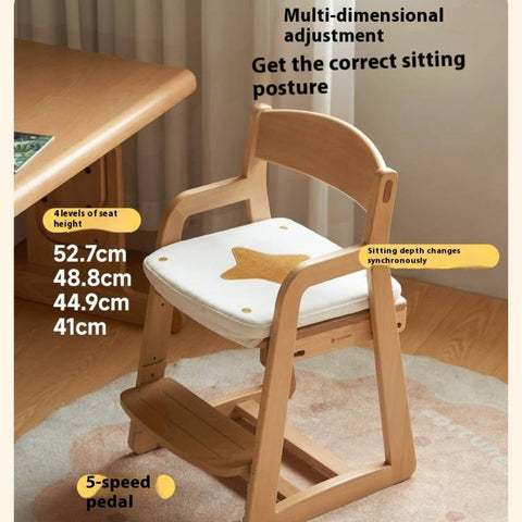 Beech Solid Wood Kids Chair Natural Finish Ergonomic Adjustable Seat Removable Washable Chenille Cushion for Playroom & Study
