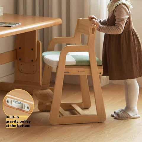 Beech Solid Wood Kids Chair Natural Finish Ergonomic Adjustable Seat Removable Washable Chenille Cushion for Playroom & Study