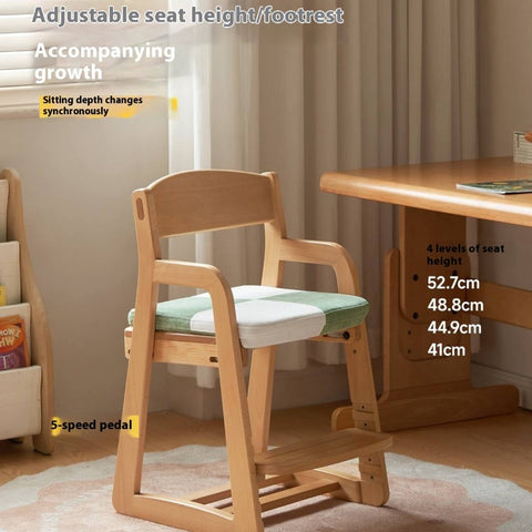 Beech Solid Wood Kids Chair Natural Finish Ergonomic Adjustable Seat Removable Washable Chenille Cushion for Playroom & Study