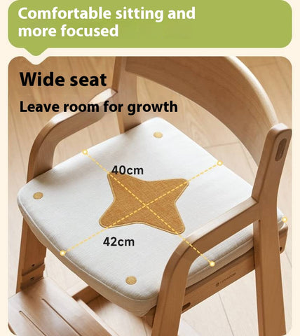 Beech Solid Wood Kids Chair Natural Finish Ergonomic Adjustable Seat Removable Washable Chenille Cushion for Playroom & Study