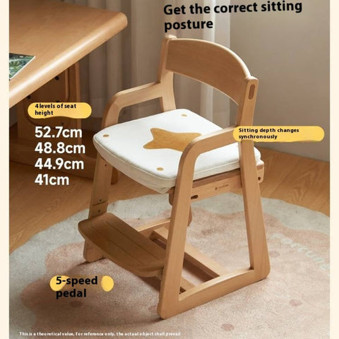 Beech Solid Wood Kids Chair Natural Finish Ergonomic Adjustable Seat Removable Washable Chenille Cushion for Playroom & Study